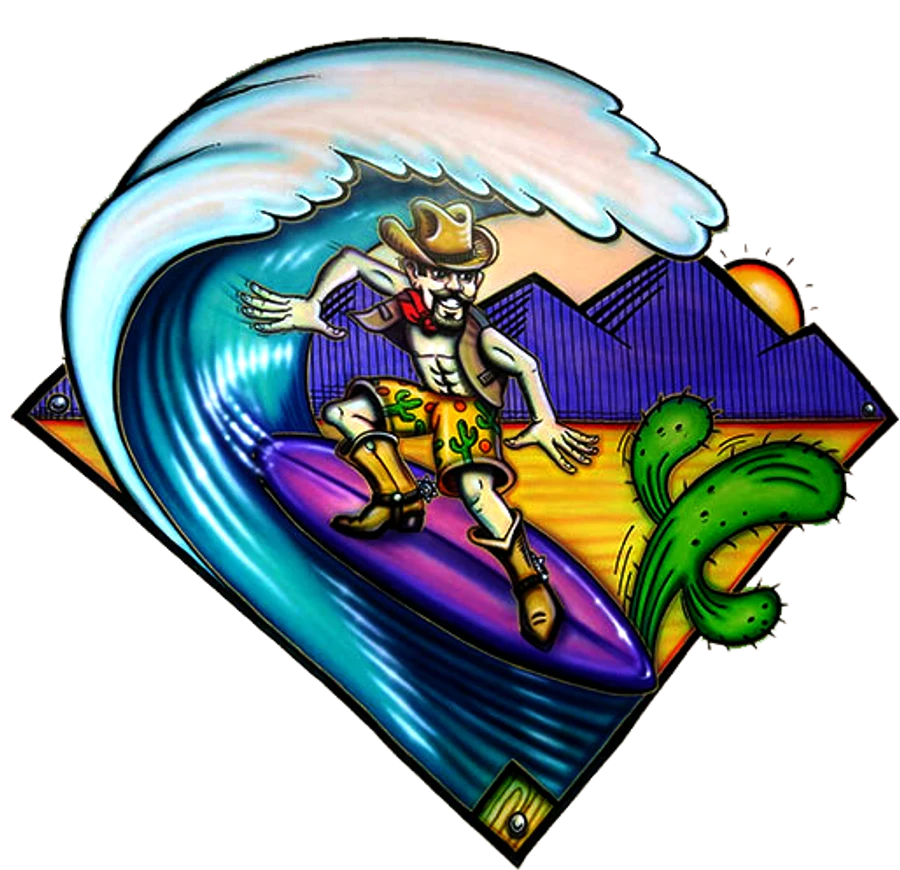 The Cowboy Surfer Grill's hand-painted sign: a cowboy riding a surfboard on a big wave, desert mountains and a cactus behind him