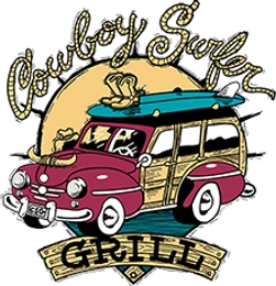The woody wagon from the Cowboy Surfer Grill sign