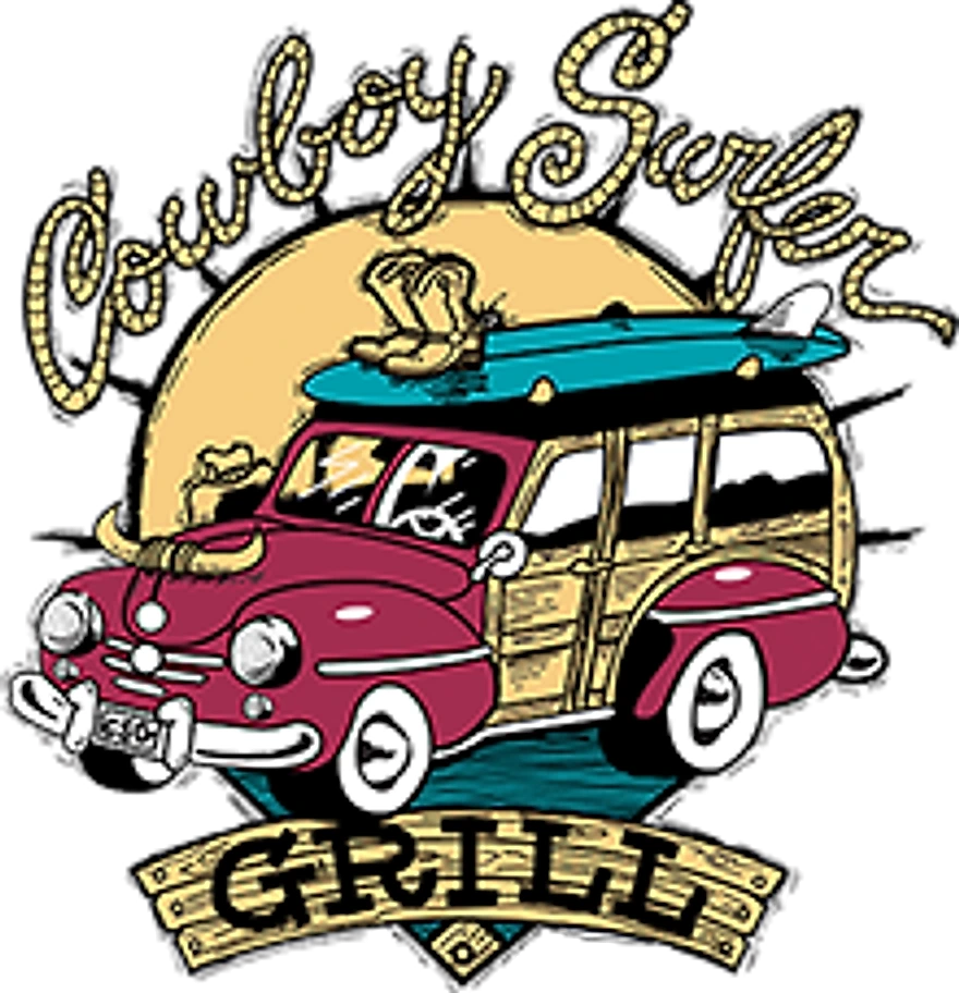 The Cowboy Surfer Grill sign: a woody wagon carrying a surfboard and a pair of cowboy boots, under hand-lettered Cowboy Surfer script, over a GRILL banner